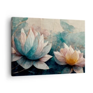 Schilderen op canvas - Subtiele waterlelies in pasteltinten blauw en goud - 70x50cm - Sterren van het meer - Moderne wanddecoratie voor woonkamer en slaapkamer ARTTOR