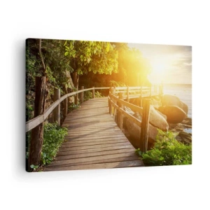 Schilderen op canvas - Een houten brug tussen het groen die in de zonnestralen naar de zee leidt - 70x50cm - Nog een beurt, nog een wonder - Moderne wanddecoratie voor woonkamer en slaapkamer ARTTOR