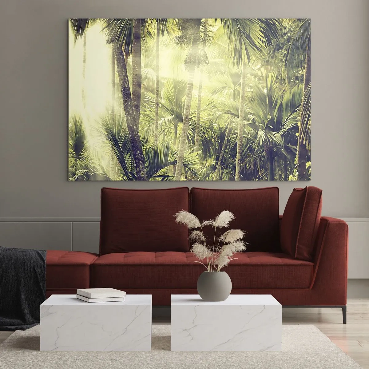 Schilderen op glas - Groene tropische jungle in de zon - 70x50cm - In groene hitte - Moderne wanddecoratie voor woonkamer en slaapkamer ARTTOR
