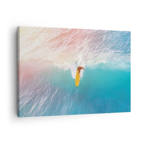 Schilderen op canvas - Surfer op een golf in pastelkleuren - 70x50cm - De oceaanruiter - Moderne wanddecoratie voor woonkamer en slaapkamer ARTTOR