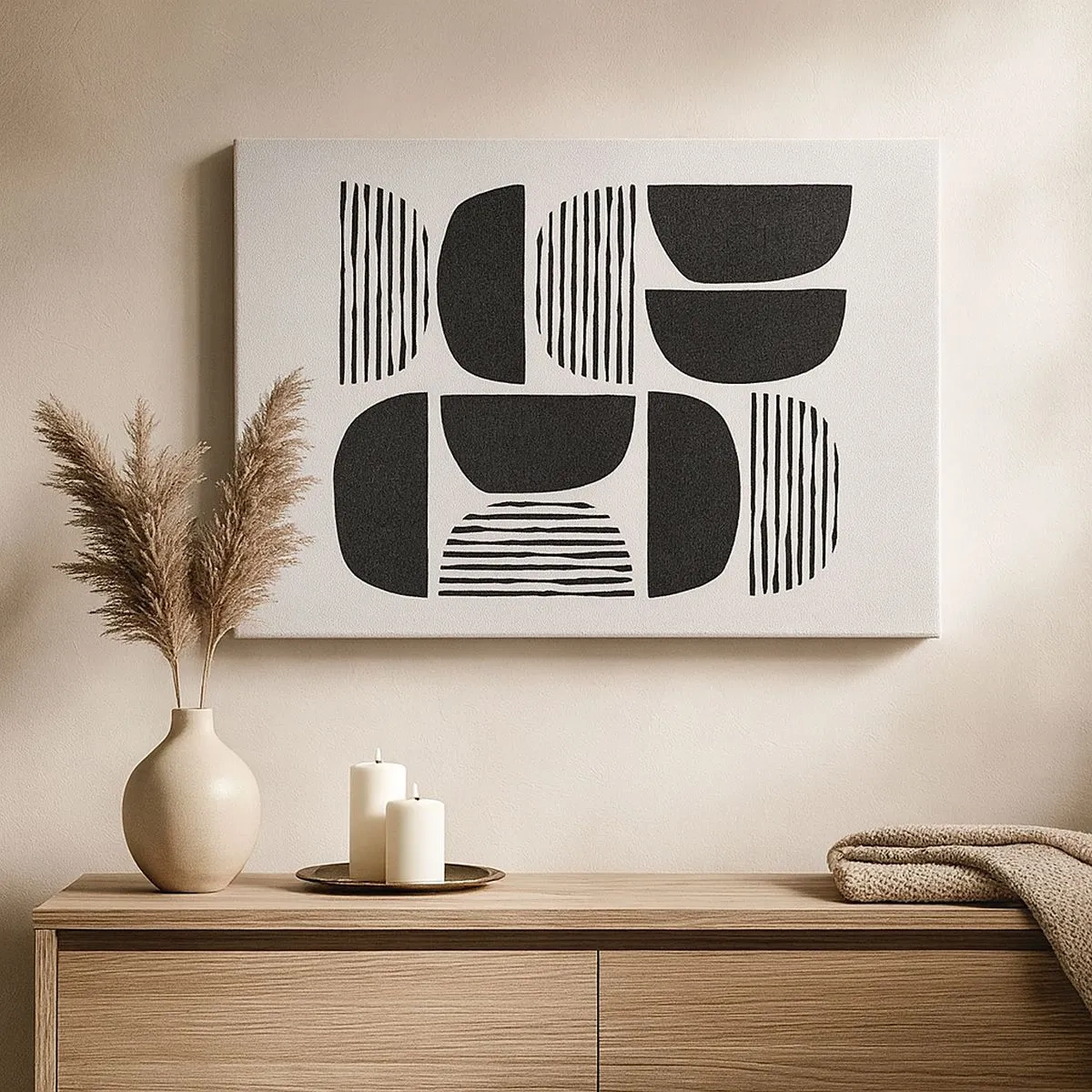 Schilderen op canvas - Geometrie met halve cirkels en lijnen in zwart op een lichte achtergrond - 70x50cm - Halfslachtige deals - Moderne wanddecoratie voor woonkamer en slaapkamer ARTTOR