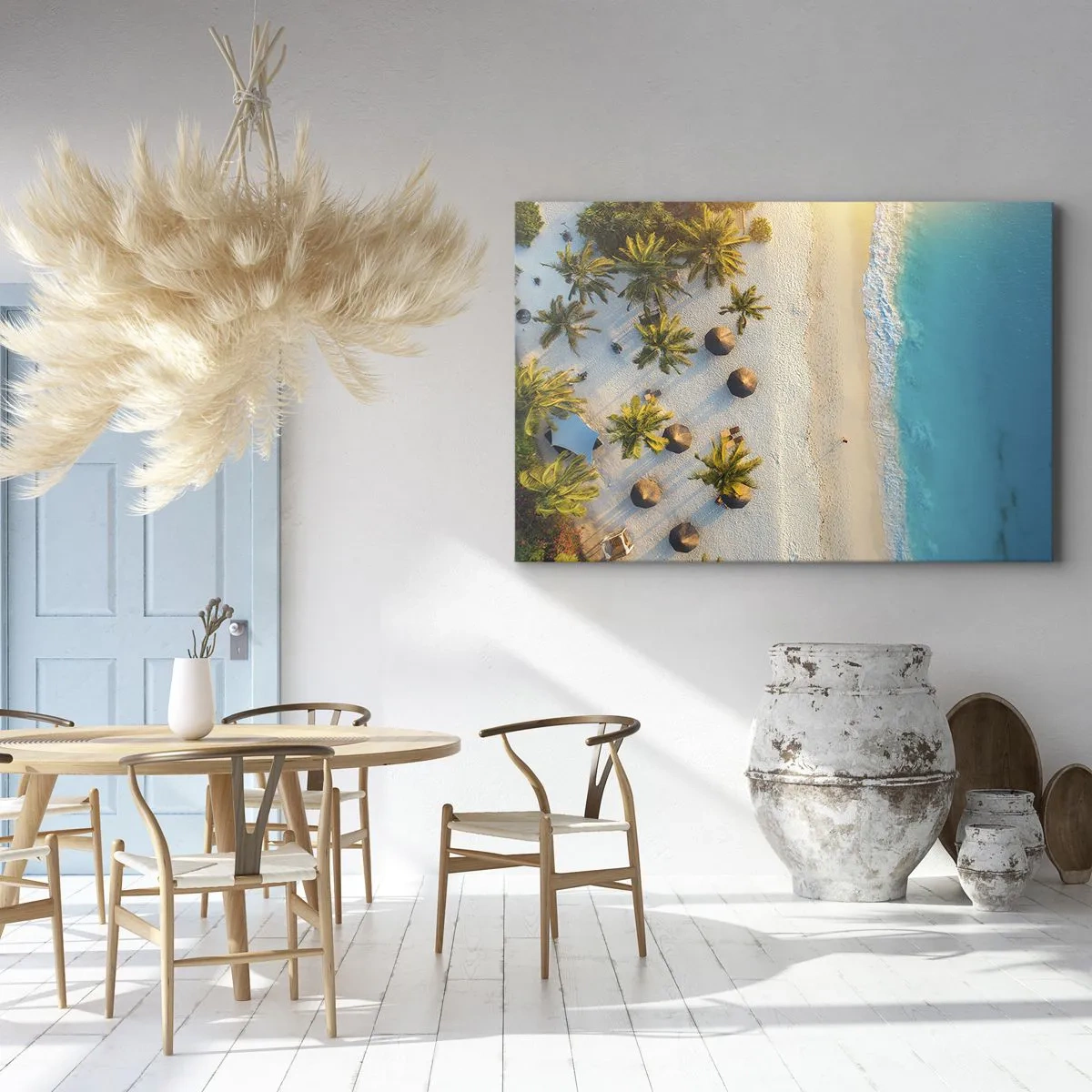 Schilderen op canvas - Uitzicht op een tropisch strand met palmbomen en een turquoise zee - 70x50cm - Welkom in het paradijs - Moderne wanddecoratie voor woonkamer en slaapkamer ARTTOR