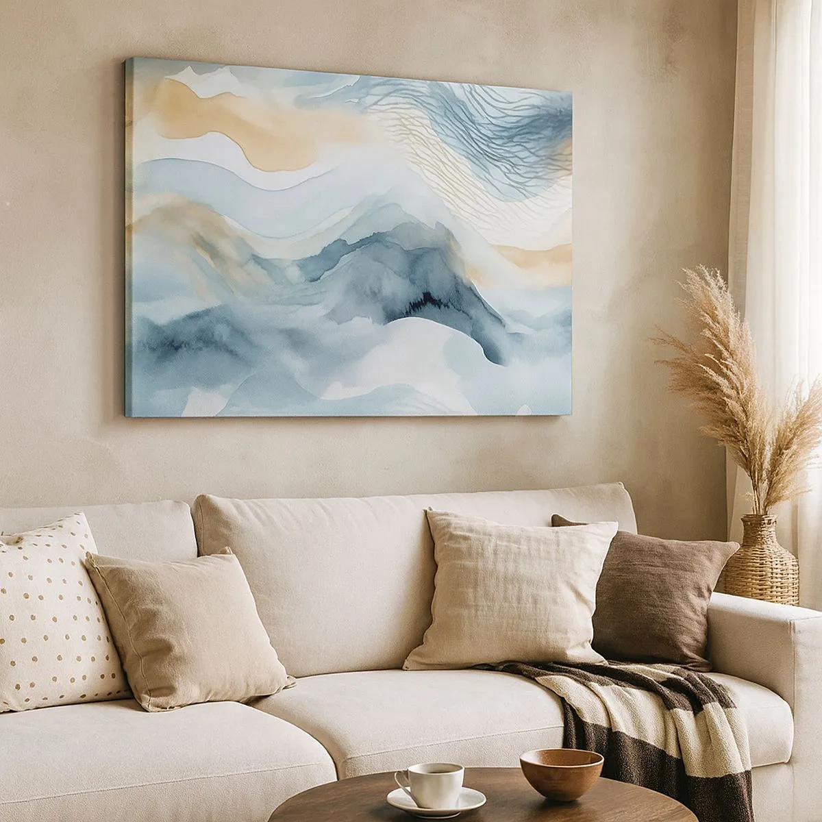 Schilderen op canvas - Een delicate abstractie met een bergmotief in pasteltinten. - 70x50cm - Besneeuwde en mistige abstractie - Moderne wanddecoratie voor woonkamer en slaapkamer ARTTOR