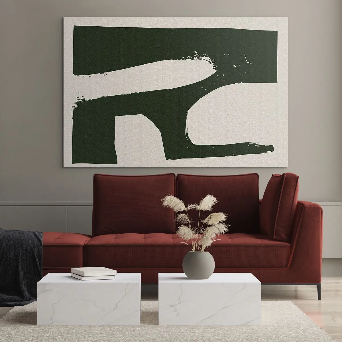 Schilderen op glas - Minimalistische abstractie met donkergroene penseelstreken - 70x50cm - Baaien van wit - Moderne wanddecoratie voor woonkamer en slaapkamer ARTTOR