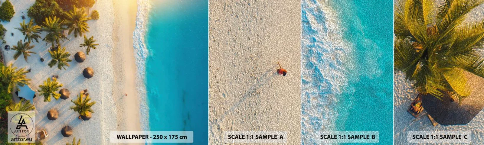 Fotobehang Monster Premium Sand - Welkom in het paradijs - Strand, palmbomen, Exotisme - 100x30 cm