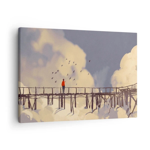 Schilderen op canvas - Een figuur op een brug tussen de wolken met vogels in de lucht - 70x50cm - Blauw verlangen - Moderne wanddecoratie voor woonkamer en slaapkamer ARTTOR