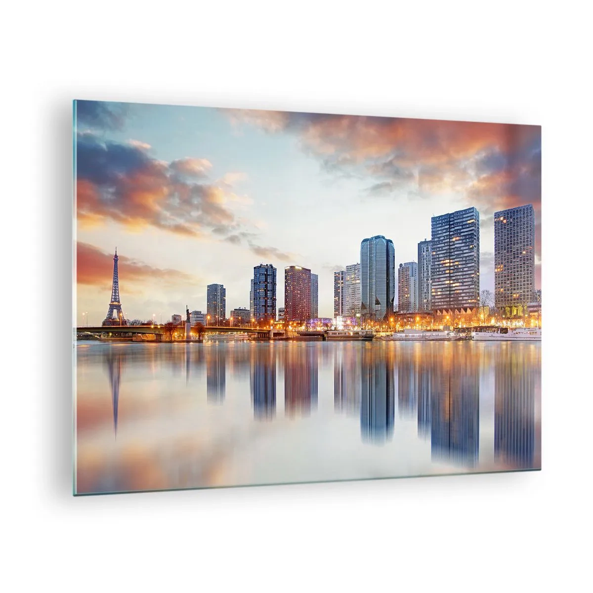 Schilderen op glas - Panorama van Parijs met de Eiffeltoren en moderne gebouwen in de schemering - 70x50cm - De monumentale rust van Parijs - Moderne wanddecoratie voor woonkamer en slaapkamer ARTTOR