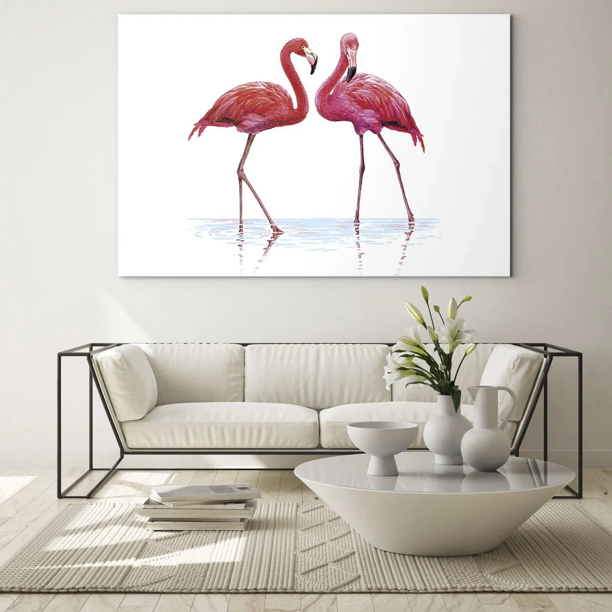 Schilderen op glas - Twee roze flamingo's staan in het water - 70x50cm - Roze randez-vous - Moderne wanddecoratie voor woonkamer en slaapkamer ARTTOR