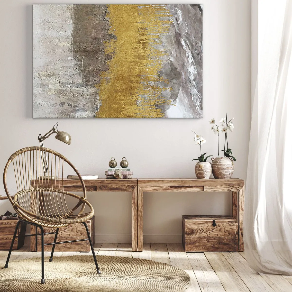 Schilderen op canvas - Goud en beige abstract patroon - 70x50cm - Een gouden explosie - Moderne wanddecoratie voor woonkamer en slaapkamer ARTTOR