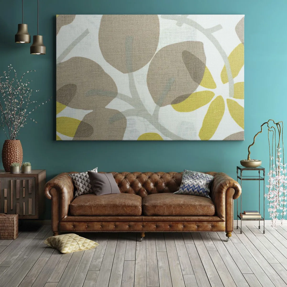 Schilderen op canvas - Abstracte bladeren in tinten beige en geel - 70x50cm - Compositie in volle zon - Moderne wanddecoratie voor woonkamer en slaapkamer ARTTOR