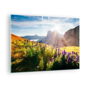 Schilderen op glas - Een bergweide vol bloemen tegen een achtergrond van rotsachtige pieken bij zonsopgang - 70x50cm - Het geheime leven van kruiden - Moderne wanddecoratie voor woonkamer en slaapkamer ARTTOR