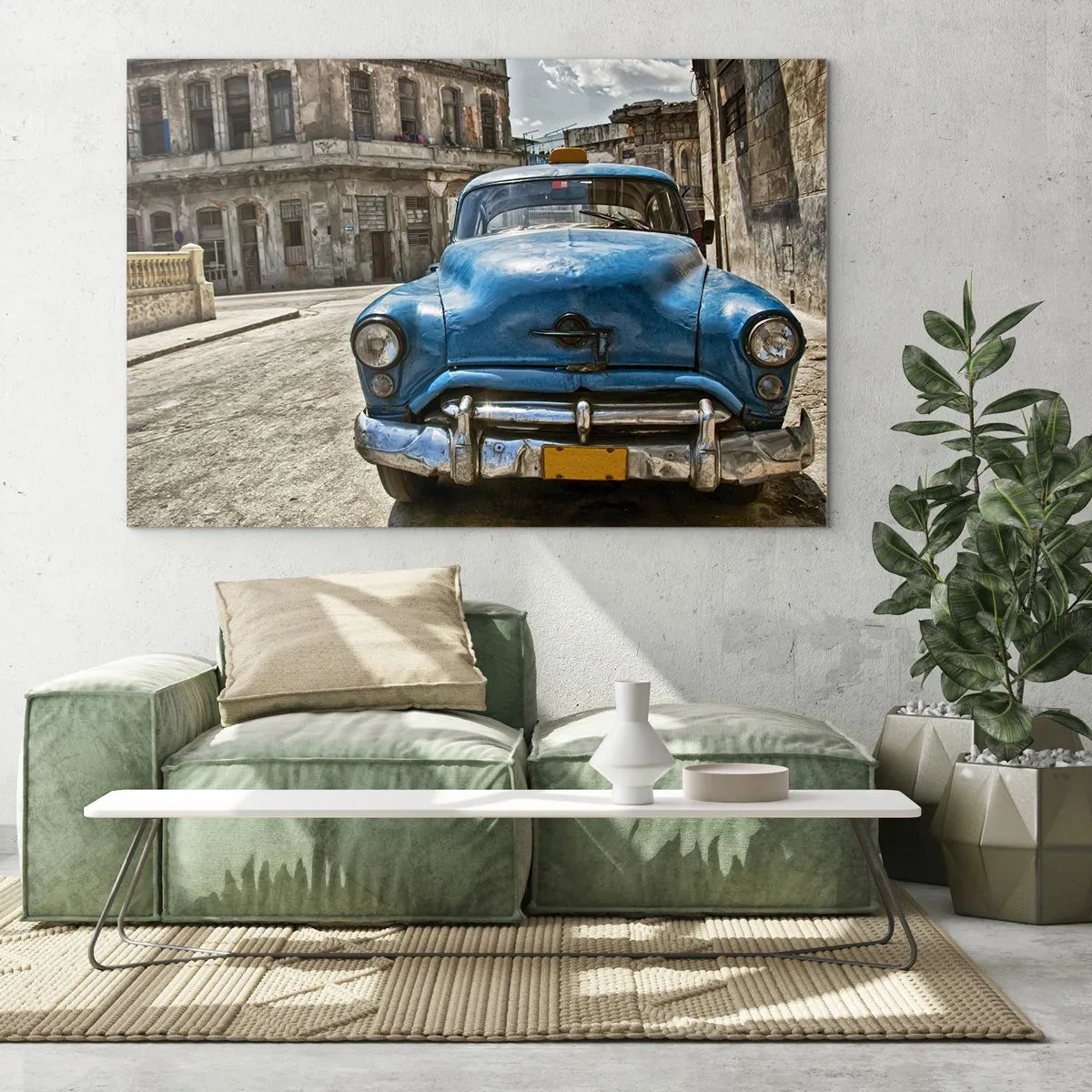 Schilderen op glas - Cubaanse klassieke auto op de straten van Havana - 70x50cm - Het oude is mooi - Moderne wanddecoratie voor woonkamer en slaapkamer ARTTOR