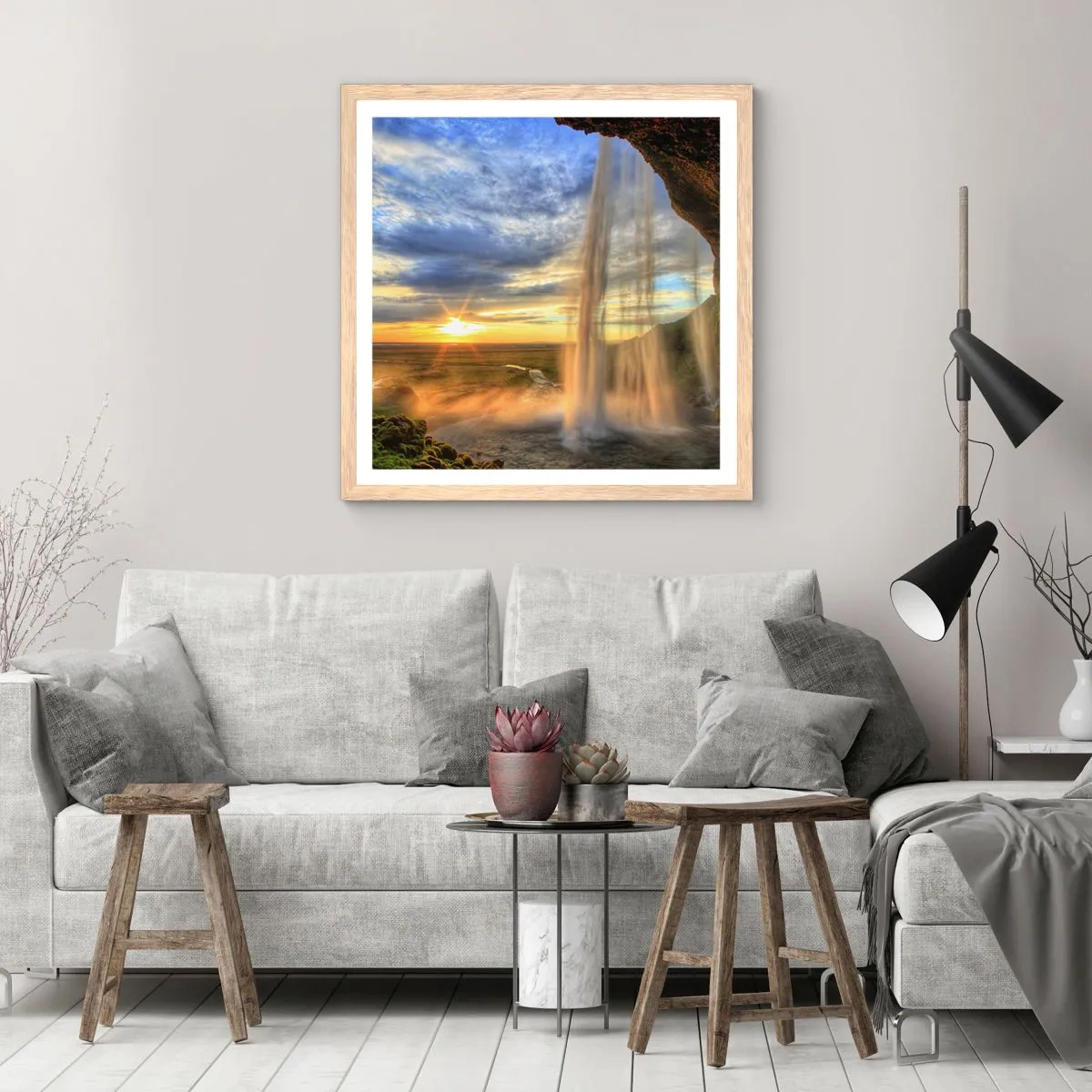 Een poster in een licht eiken lijst - De wereld achter een sluier van druppels - 50x50 cm