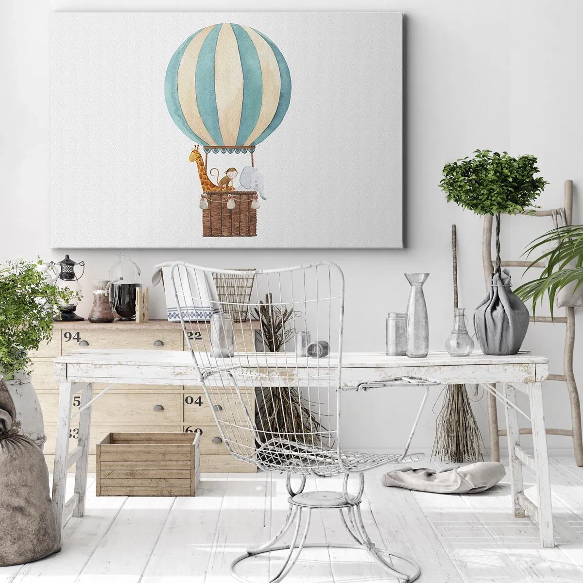 Schilderen op canvas - Een ballon met schattige dieren in pastelkleuren - 70x50cm - Fantastische reis - Moderne wanddecoratie voor woonkamer en slaapkamer ARTTOR