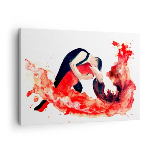 Schilderen op canvas - Een dynamisch aquarelschilderij van een dansend paar in rode tinten. - 70x50cm - Tango - een sensuele golf - Moderne wanddecoratie voor woonkamer en slaapkamer ARTTOR