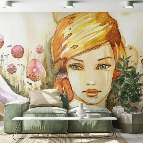 Zelfklevend Fotobehang Deluxe Sticker - Een smaragdgroene look die woede kalmeert - Vrouw, Wei, Mode - 350x256 cm