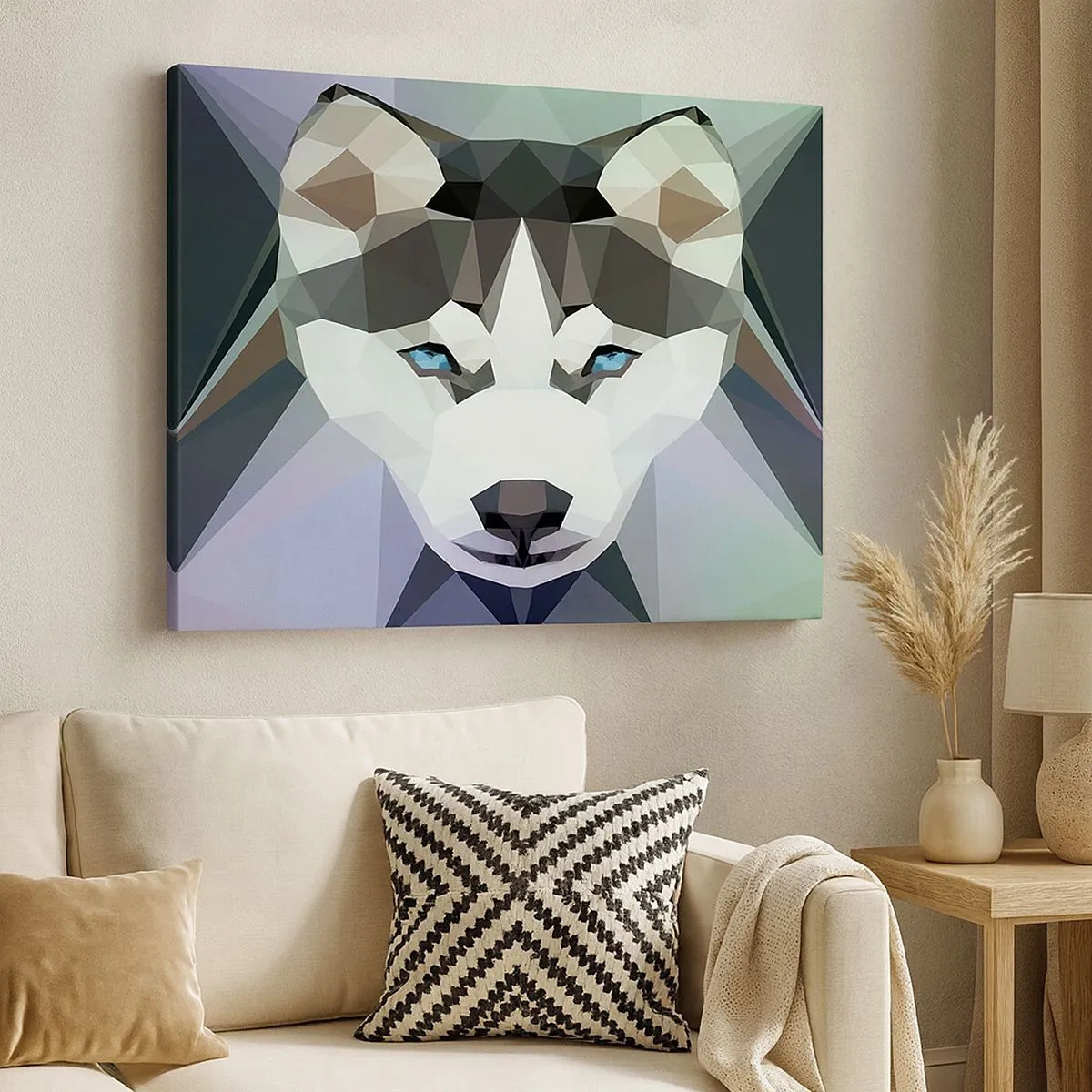 Schilderen op canvas - Geometrische wolf met expressieve blauwe ogen - 70x50cm - De herinnering aan de sneeuw van het noorden - Moderne wanddecoratie voor woonkamer en slaapkamer ARTTOR