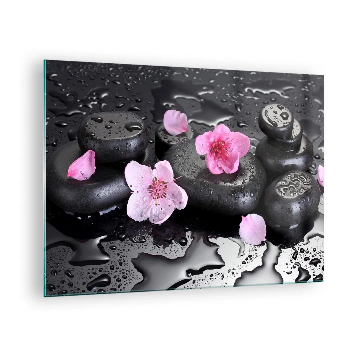 Schilderen op glas - Spa stenen met bloemen op een natte achtergrond - 70x50cm - En de steen valt uit het hart - Moderne wanddecoratie voor woonkamer en slaapkamer ARTTOR