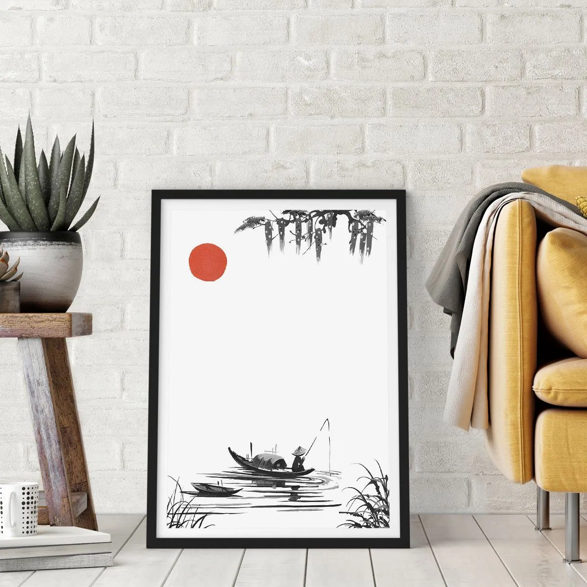 Poster in een zwarte lijst - Minimalistisch schilderij van een visser in een boot met een rode zon. - 50x70cm - Aziatische middag - Moderne wanddecoratie voor woonkamer en slaapkamer ARTTOR