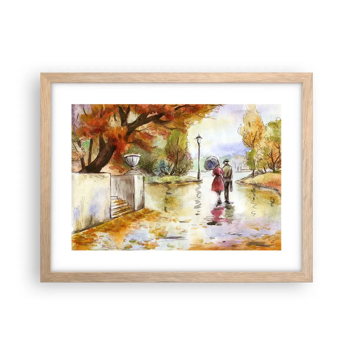 Een poster in een licht eiken lijst - Romantische herfst in het park - 40x30 cm
