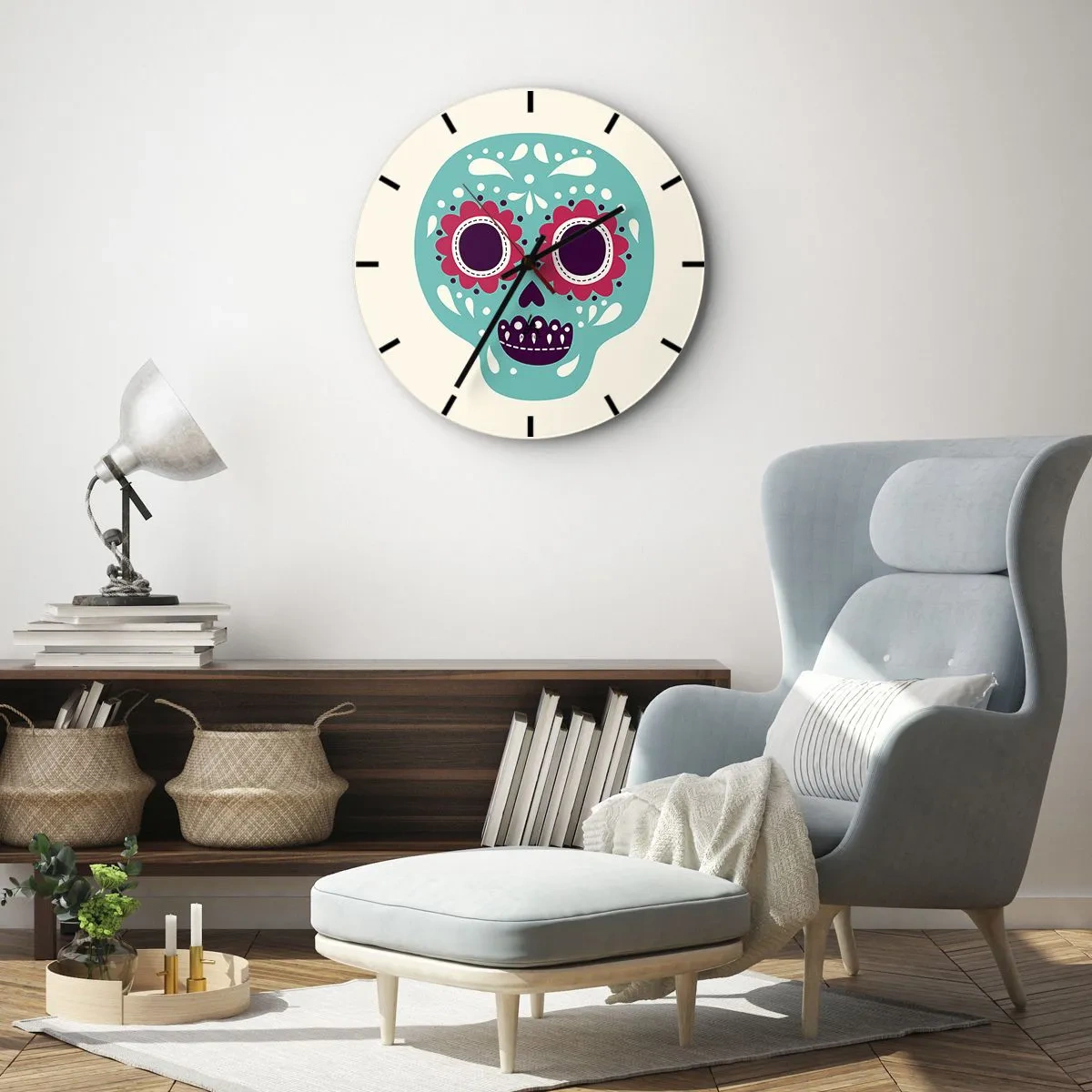 Wandklok - Klok - Kleurrijke schedel in Mexicaanse stijl op een lichte achtergrond - 30x30cm - Leven – plezier tot de dood - Moderne wanddecoratie voor woonkamer, keuken en slaapkamer ARTTOR