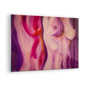 Schilderen op glas - Een artistieke interpretatie van vrouwelijke silhouetten in tinten roze en paars. - 70x50cm - Ode aan vrouwelijkheid - Moderne wanddecoratie voor woonkamer en slaapkamer ARTTOR