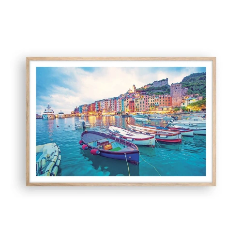 Een poster in een licht eiken lijst - Kleurrijke avond in de haven - 91x61 cm