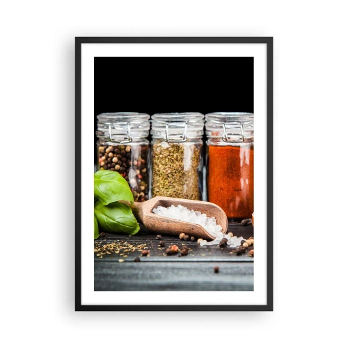 Poster in een zwarte lijst - Potten met kruiden op een donkere achtergrond - 50x70cm - Zodat het leven smaak heeft - Moderne wanddecoratie voor woonkamer en slaapkamer ARTTOR