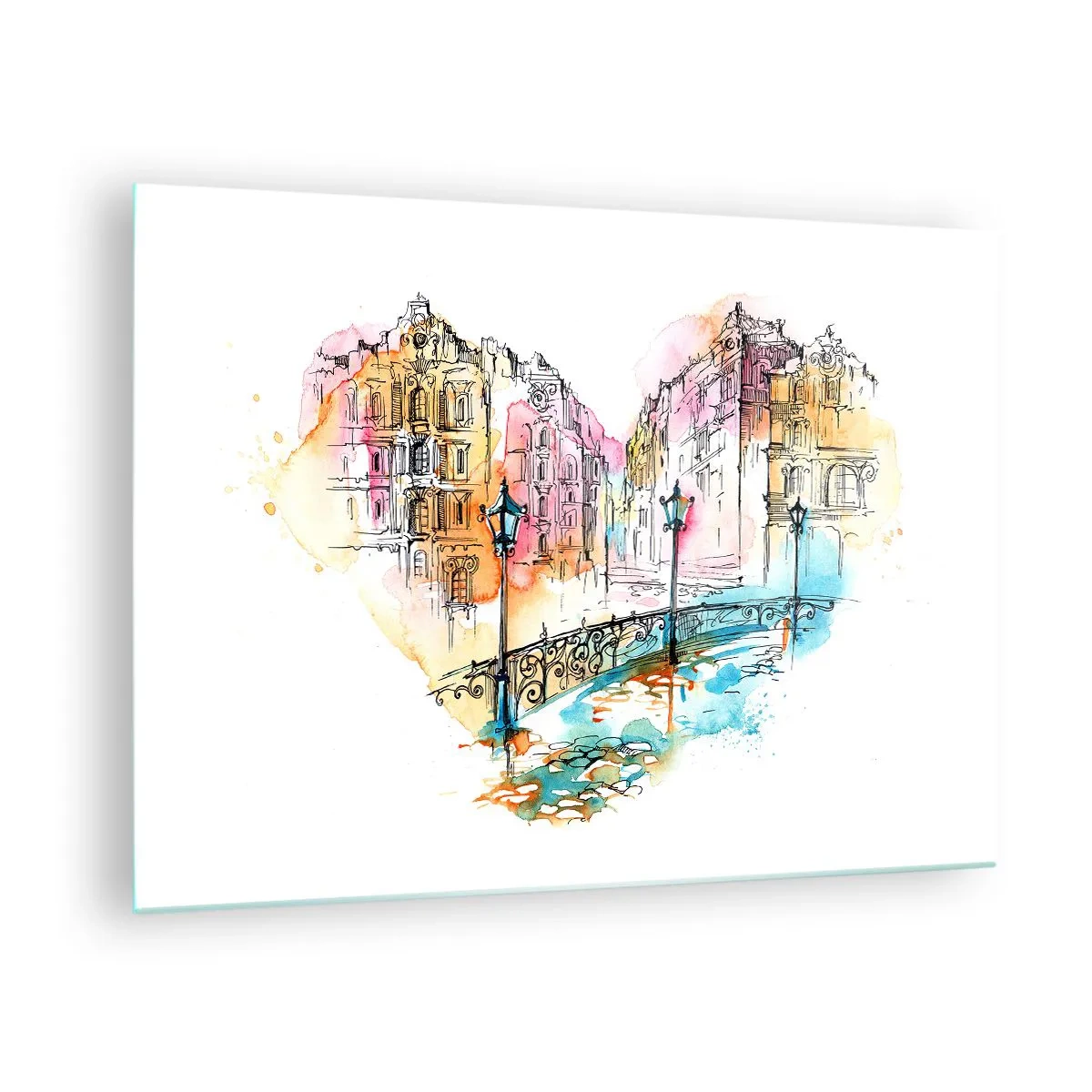 Schilderen op glas - Romantische huurkazernes met een hartvormige brug, aquarel - 70x50cm - Het hart van de stad - Moderne wanddecoratie voor woonkamer en slaapkamer ARTTOR