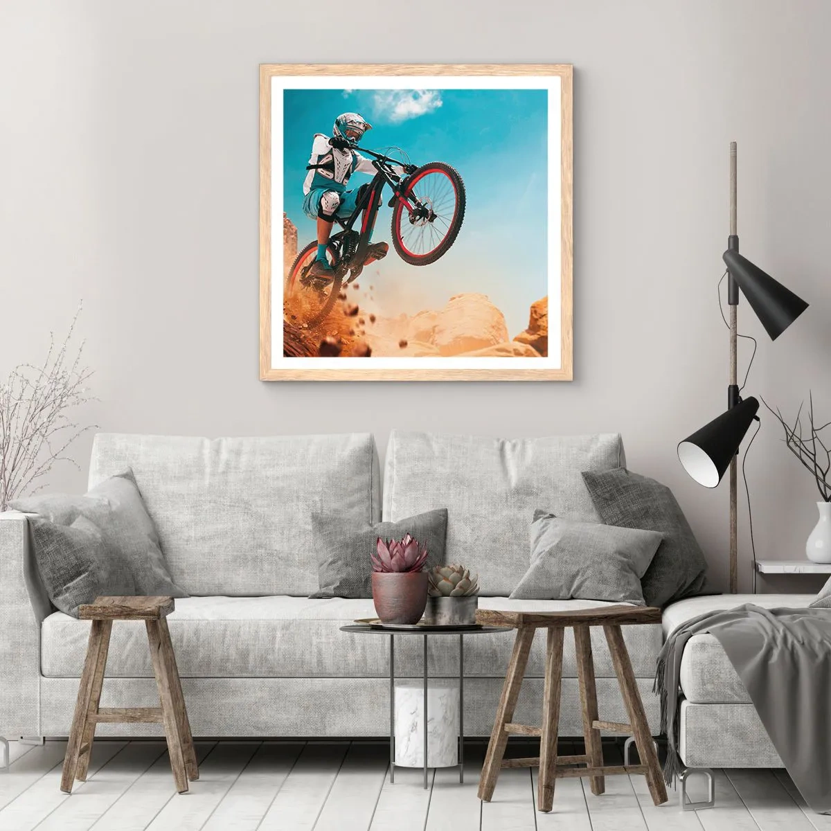 Een poster in een licht eiken lijst - Fiets waanzin demon - 60x60 cm