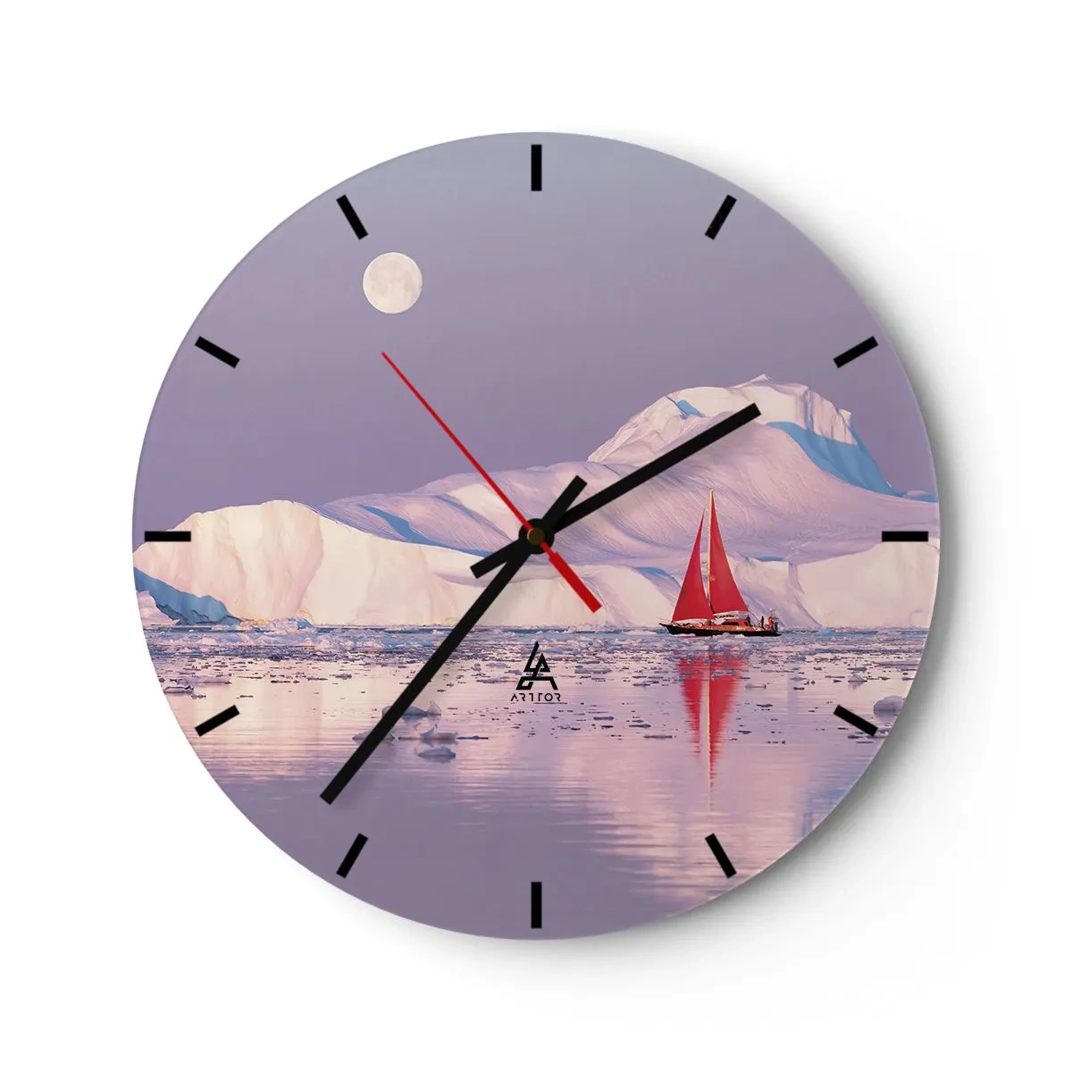 Wandklok - Klok - Een zeilschip met ijsbergen op de achtergrond in het maanlicht - 30x30cm - De hitte van het zeil, de kilte van het ijs - Moderne wanddecoratie voor woonkamer, keuken en slaapkamer ARTTOR