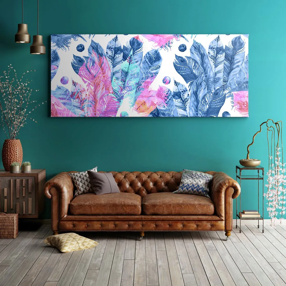 Schilderen op canvas - Pluimen in roze en blauw - 120x50 cm