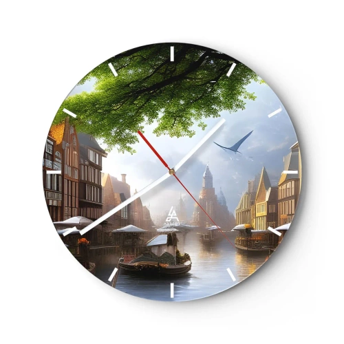 Wandklok - Klok - Waterkanaal met boten en historische huurkazernes - 30x30cm - Hollands stadsbeeld - Moderne wanddecoratie voor woonkamer, keuken en slaapkamer ARTTOR