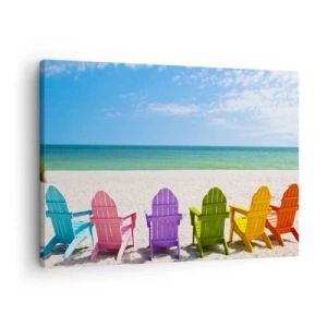 Schilderen op canvas - Kleurrijke ligstoelen op het strand met uitzicht op de zee - 70x50cm - Regenboog strand - Moderne wanddecoratie voor woonkamer en slaapkamer ARTTOR