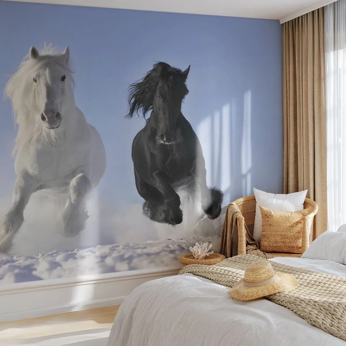 Fotobehang Premium Sand - Zwart-wit galop - Dieren, Paard, Winter - 450x315 cm