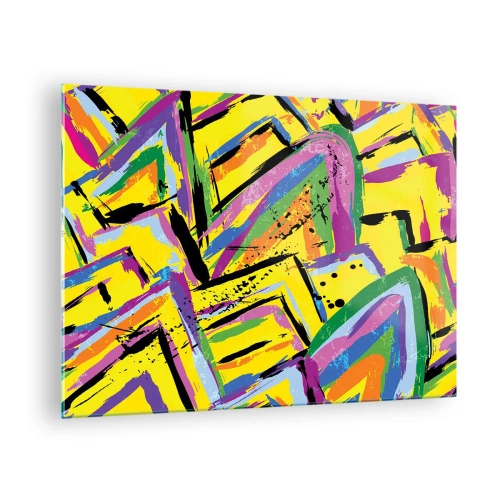 Schilderen op glas - Intense abstractie in felle kleuren op een gele achtergrond - 70x50cm - Tot ze schreeuwt van vreugde - Moderne wanddecoratie voor woonkamer en slaapkamer ARTTOR