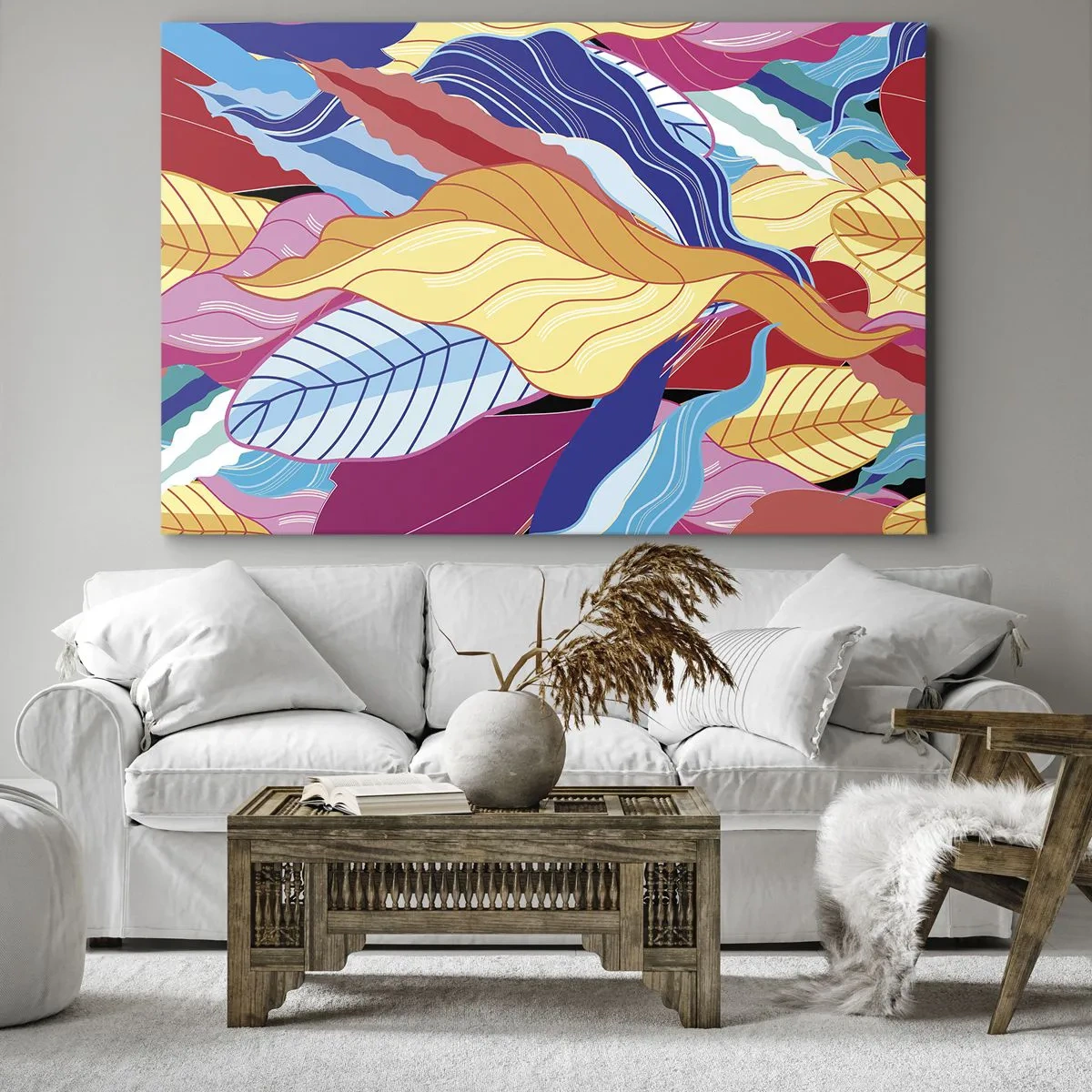 Schilderen op canvas - Levendig gekleurde bladeren creëren een dynamische compositie - 70x50cm - Een kleurrijke puinhoop - Moderne wanddecoratie voor woonkamer en slaapkamer ARTTOR