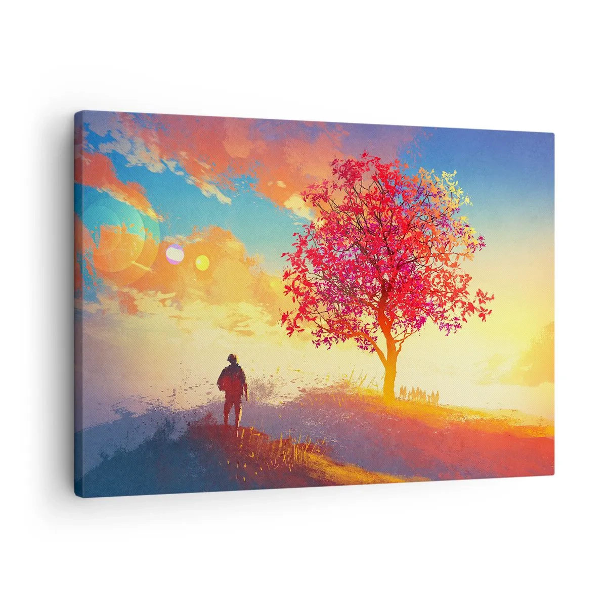 Schilderen op canvas - Een figuur op een heuvel naast een kleurrijke boom in het licht van de ondergaande zon - 70x50cm - Pelgrim bij de bestemming - Moderne wanddecoratie voor woonkamer en slaapkamer ARTTOR