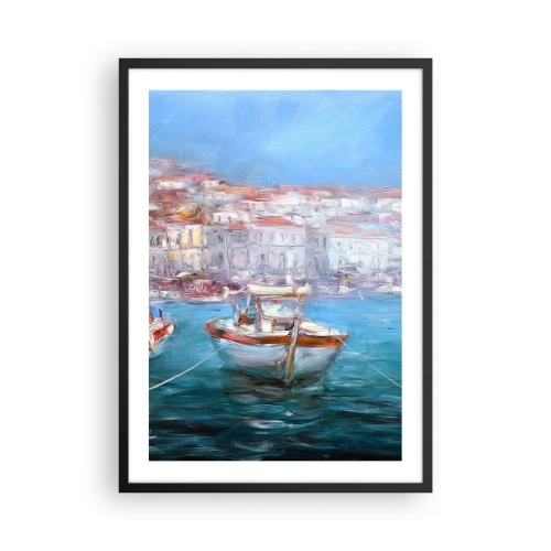 Poster in een zwarte lijst - Een boot in de haven, met uitzicht op de stad - 50x70cm - Italiaanse baai - Moderne wanddecoratie voor woonkamer en slaapkamer ARTTOR