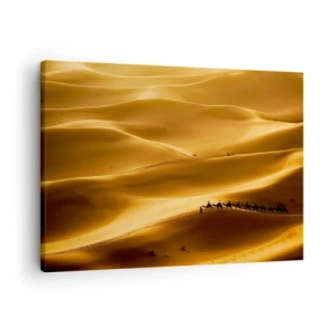 Schilderen op canvas - Een karavaan kamelen trekt door de gouden duinen van de woestijn. - 70x50cm - Caravan in de woestijngolven - Moderne wanddecoratie voor woonkamer en slaapkamer ARTTOR