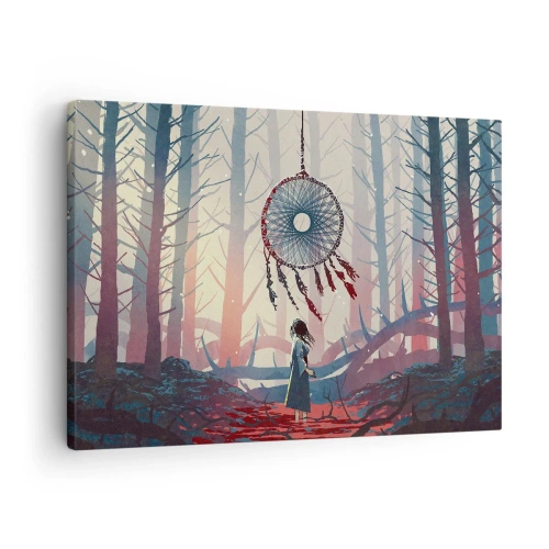 Schilderen op canvas - Bosgezicht met een gigantische dromenvanger - 70x50cm - Een geheim ritueel van geluk - Moderne wanddecoratie voor woonkamer en slaapkamer ARTTOR