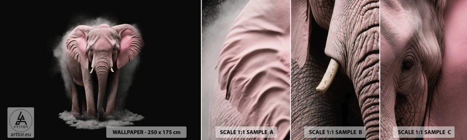 Fotobehang Staaltje Standard Eco - Denk niet aan een roze olifant! - Zon, Safari, Afrika - 100x30 cm