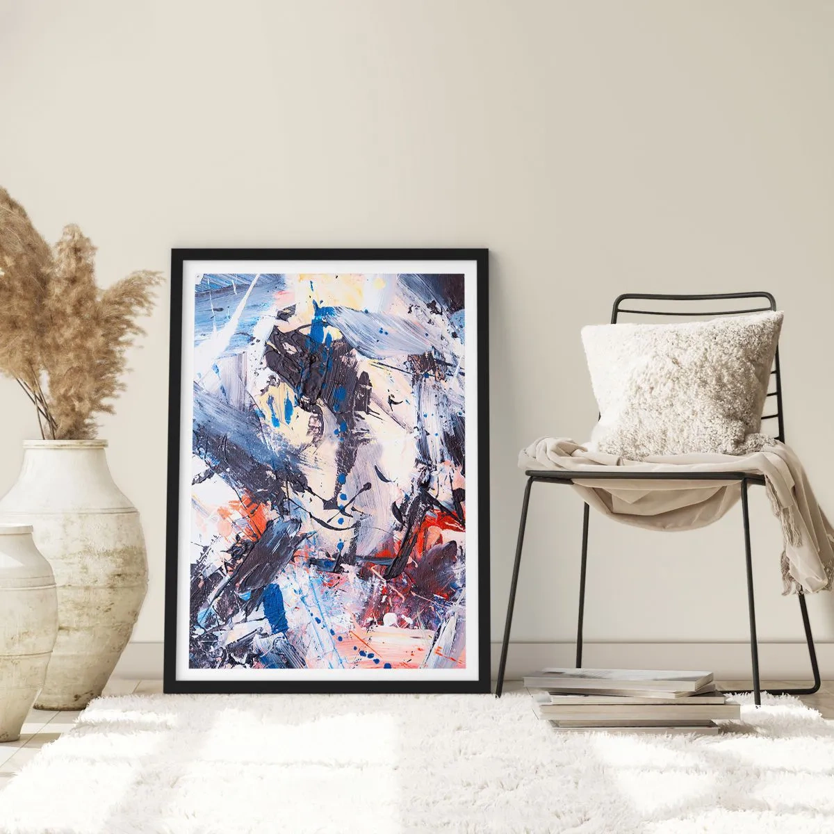 Poster in een zwarte lijst - Abstracte compositie in tinten blauw en oranje - 50x70cm - Gekke dans van abstractie - Moderne wanddecoratie voor woonkamer en slaapkamer ARTTOR