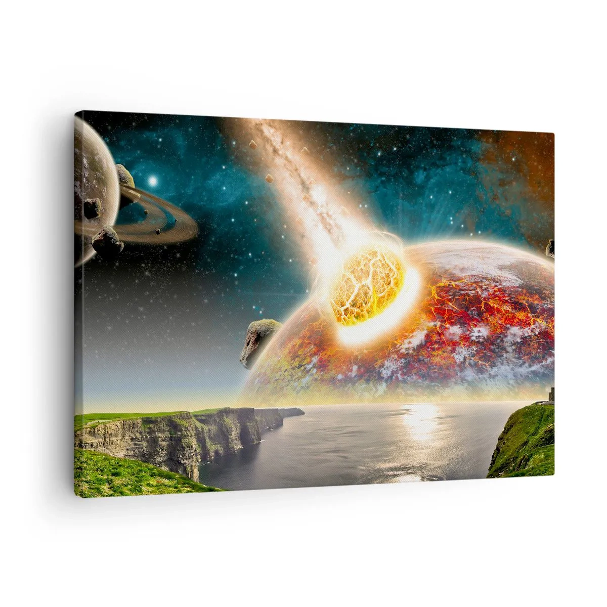 Schilderen op canvas - Een meteoriet botst op een planeet in een kosmisch landschap. - 70x50cm - Kosmisch drama - Moderne wanddecoratie voor woonkamer en slaapkamer ARTTOR