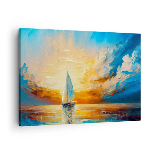 Schilderen op canvas - Een zeilboot tegen de achtergrond van de ondergaande zon en kleurrijke wolken - 70x50cm - Zeilen in goud - Moderne wanddecoratie voor woonkamer en slaapkamer ARTTOR