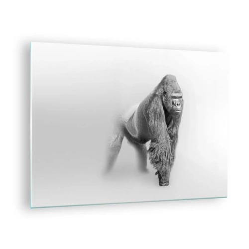Schilderen op glas - Zwart-witportret van een majestueuze gorilla tegen een witte achtergrond - 70x50cm - Vertrouwen in zijn kracht - Moderne wanddecoratie voor woonkamer en slaapkamer ARTTOR