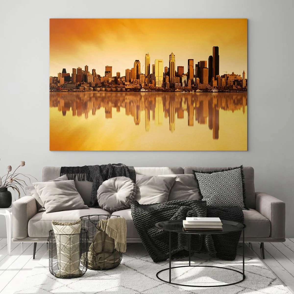 Schilderen op glas - Panorama van de stad in het gouden licht van de zonsondergang - 70x50cm - De stilte van de metropool - Moderne wanddecoratie voor woonkamer en slaapkamer ARTTOR