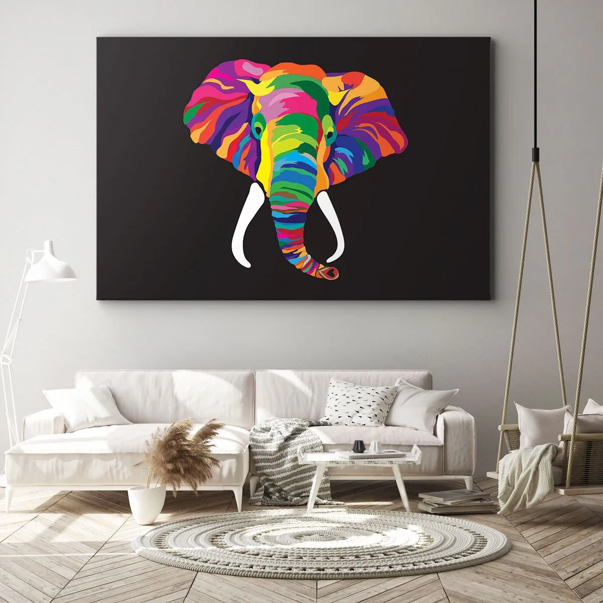 Schilderen op canvas - De olifant die ervan hield om in de regenboog te baden - 70x50 cm
