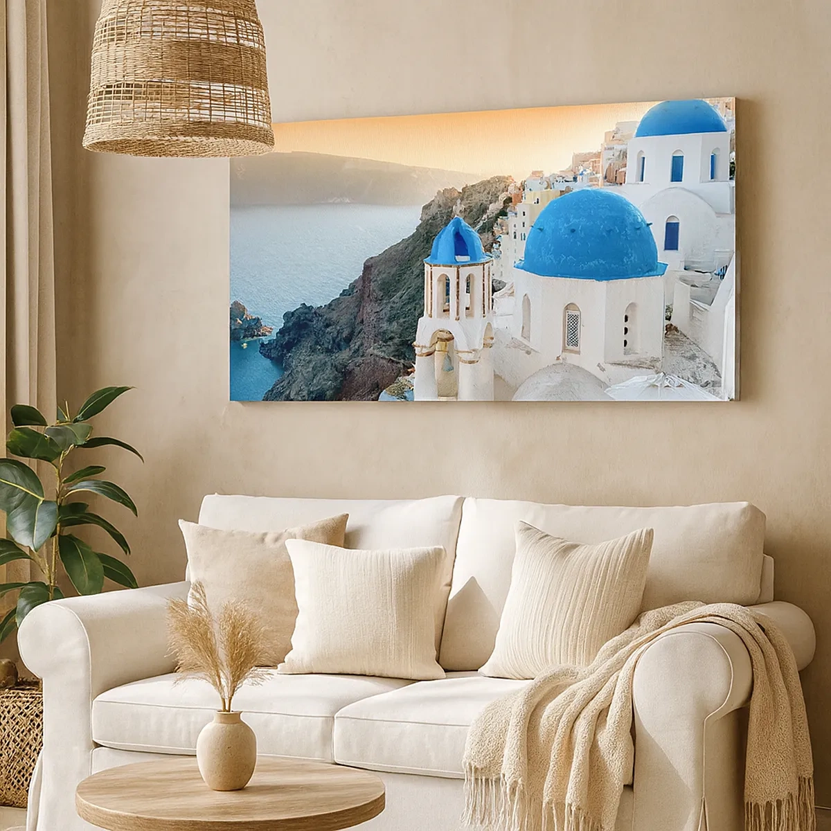 Schilderen op canvas - Santorini - genesteld tegen de rotsen - 30x30 cm