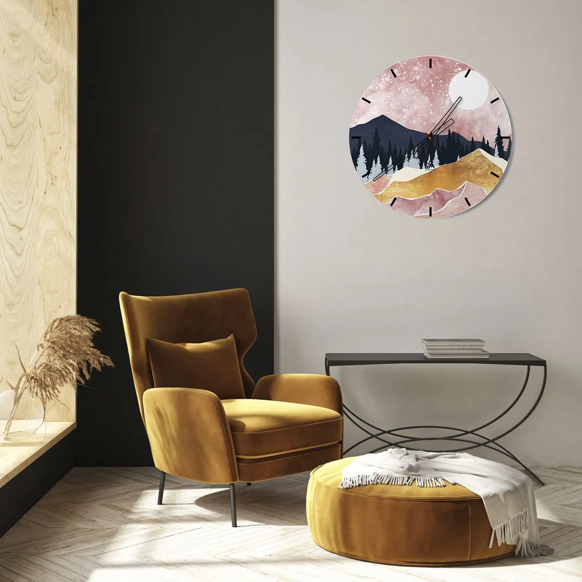 Wandklok - Klok - Artistiek berglandschap in pastelkleuren met een bos en de maan. - 30x30cm - Nachtwacht - Moderne wanddecoratie voor woonkamer, keuken en slaapkamer ARTTOR